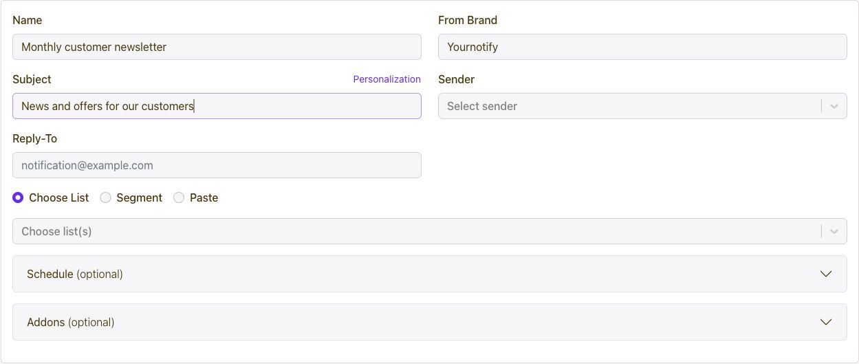 Yournotify Email campaign setup with sender, subject, audience and scheduling controls