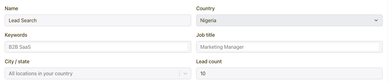 Yournotify lead search filters for country, keywords, job title and location