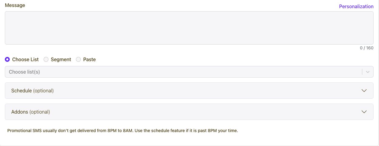 Yournotify SMS composer showing personalization, audience selection and scheduling
