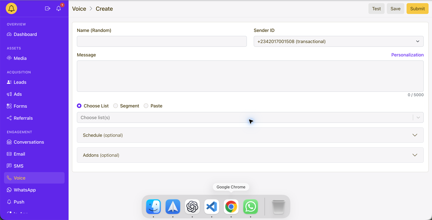 Yournotify Voice campaign builder showing Sender ID, script, audience, schedule and add-on controls