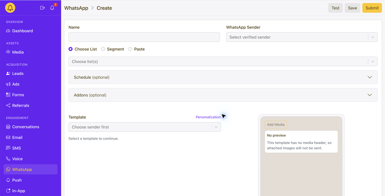 Yournotify WhatsApp campaign builder showing sender, audience, schedule, template, personalization and media controls